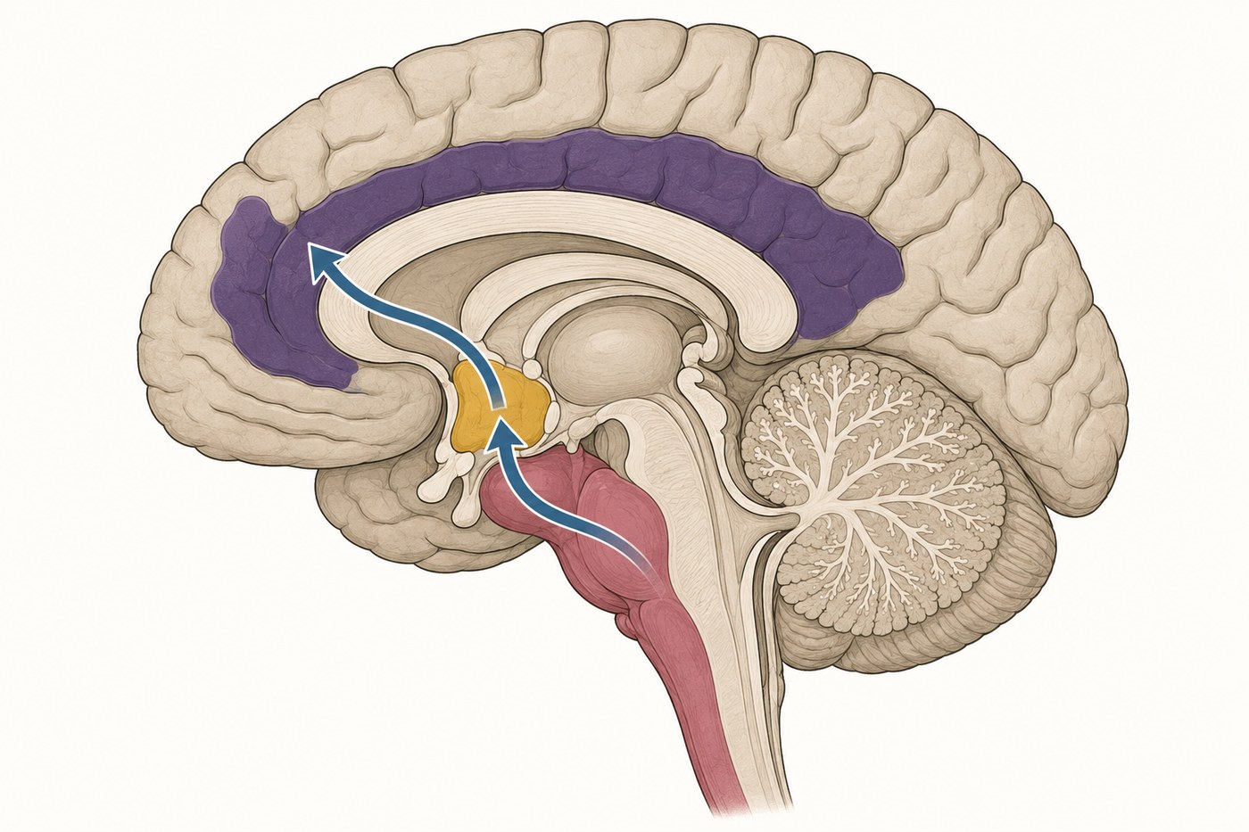 Corte sagital do encéfalo com a cadeia ascendente do orgulho: tronco cerebral, região subcortical profunda e face medial do frontal