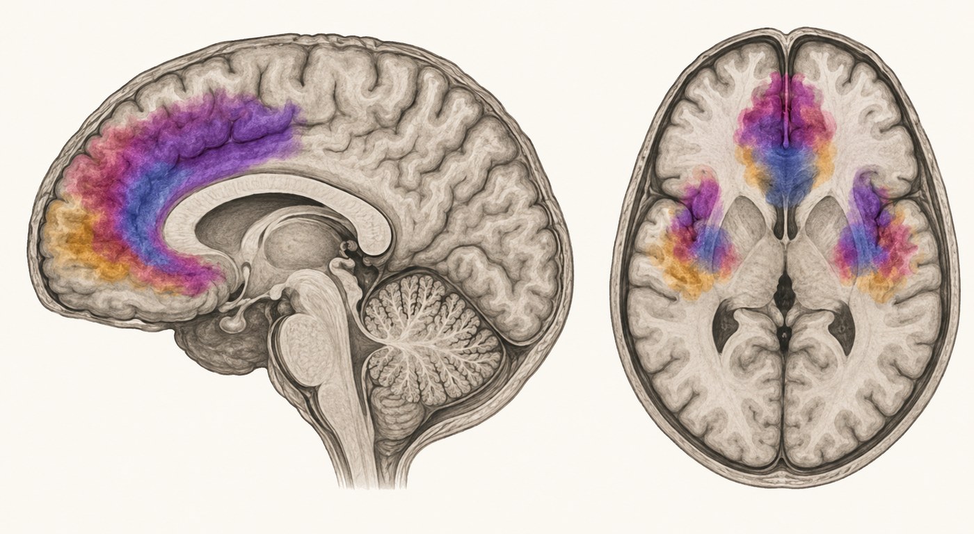 Mapa de ativação sobre corte sagital e axial mostrando a sobreposição entre dor física e dor social no cingulado anterior e na ínsula