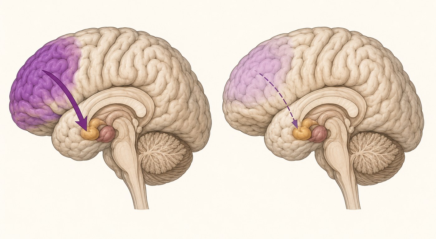 Duas vistas do mesmo encéfalo: à esquerda o pré-frontal dorsolateral saturado com via descendente espessa, à direita pálido com via tracejada