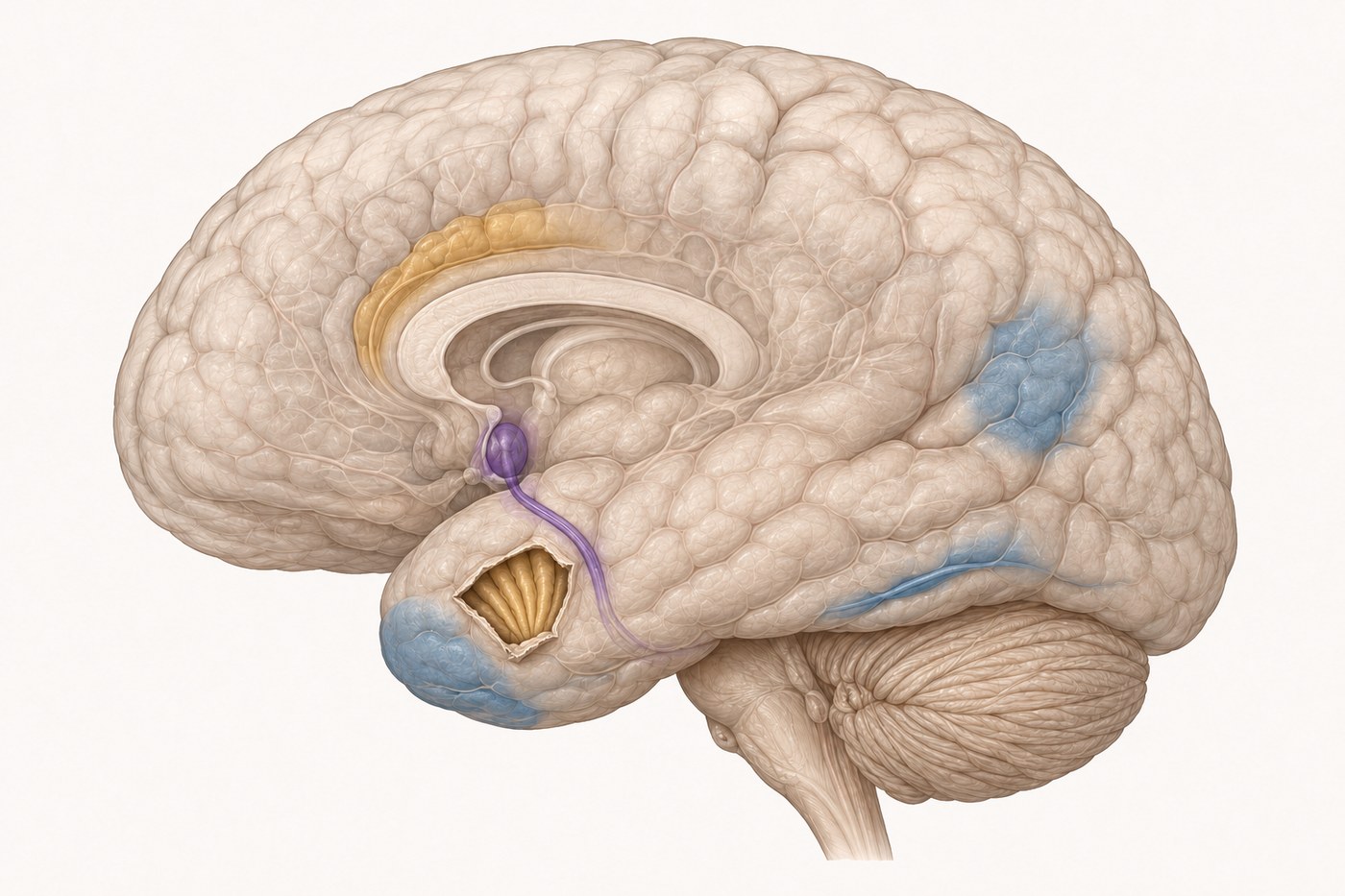 Encéfalo em vista lateral com os três eixos do núcleo do orgulho: via mesolímbica e estriado ventral, ínsula anterior exposta na janela do opérculo com o cingulado, e a junção temporoparietal com o sulco temporal superior e o polo temporal