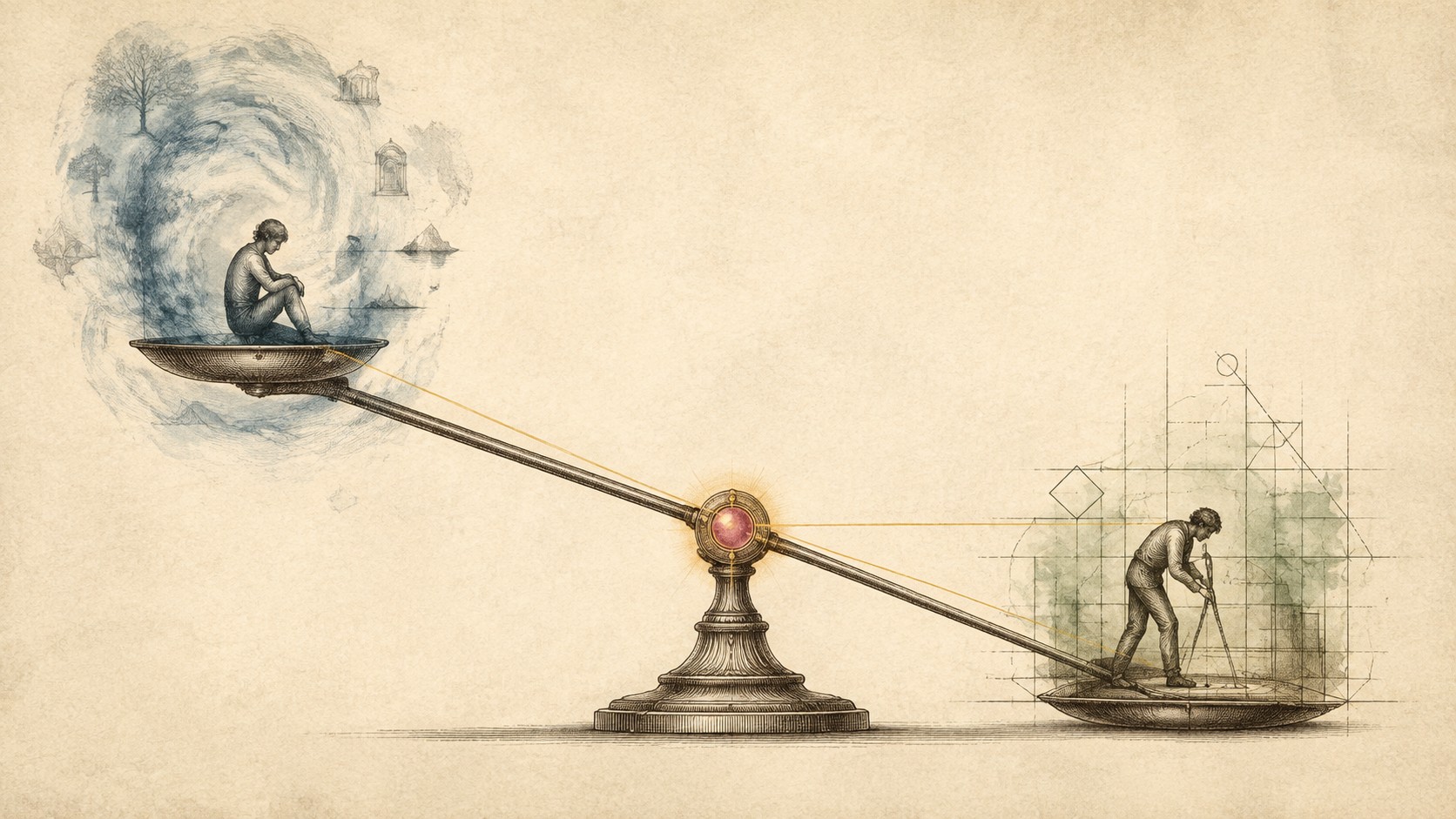 A gangorra ilustra a alternância de predominância entre processos. Não é um interruptor rígido: DMN e redes executivas podem cooperar conforme a tarefa.